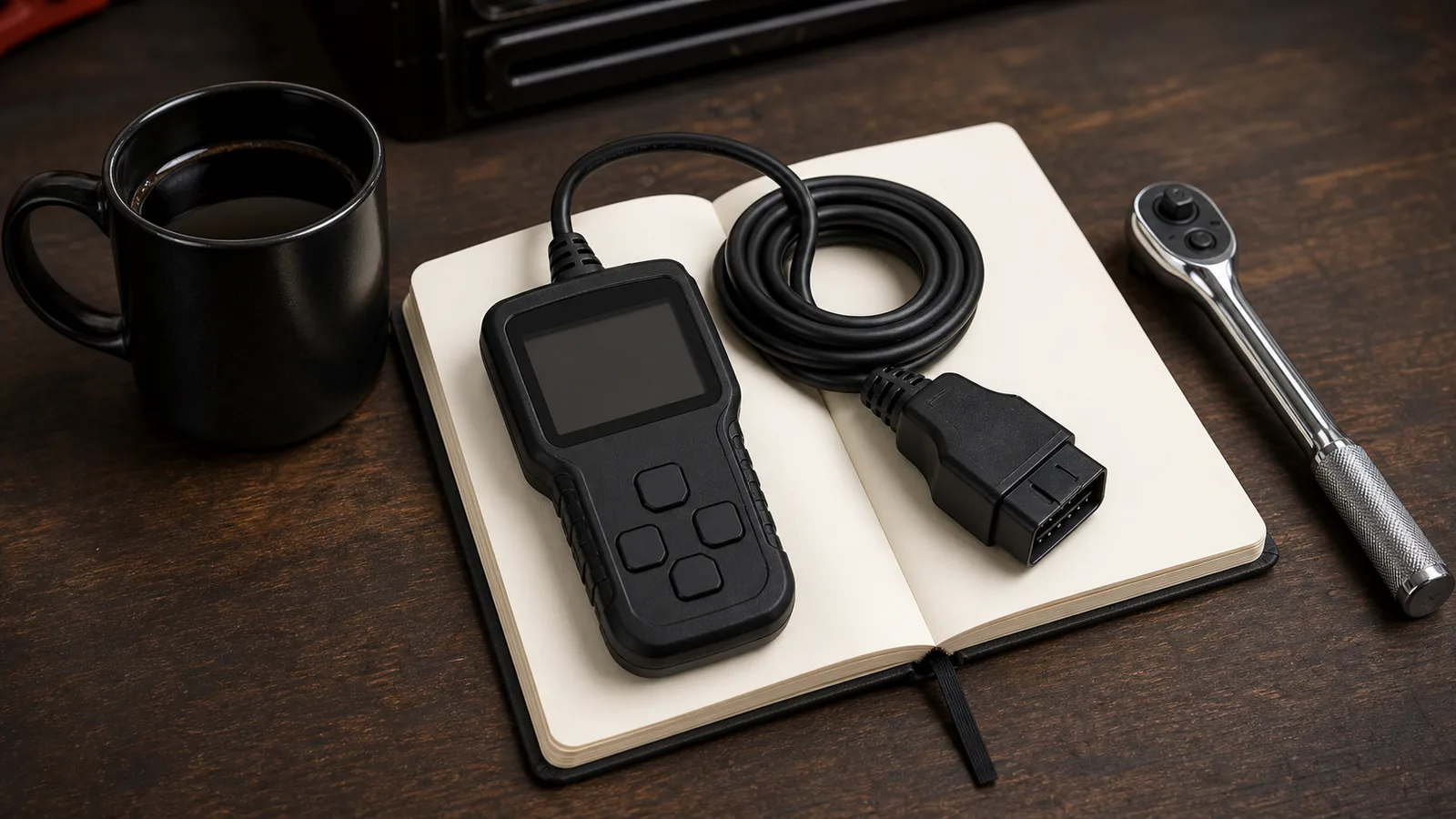 An OBD2 scan tool resting on an open notebook beside a coffee mug and a ratchet on a workshop bench